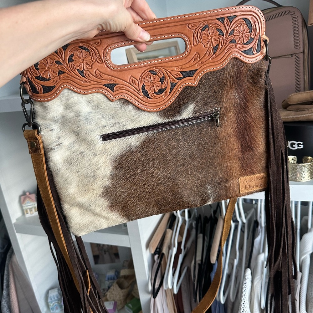 American Darling Brown and Cream Leather Fringe Large Clutch / Should Strap